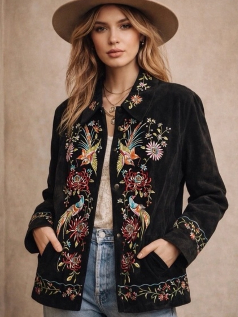 Avanti Women's Black Suede Floral/Bird Embroidered BOHO Hippie Jacket NWT SIZE L